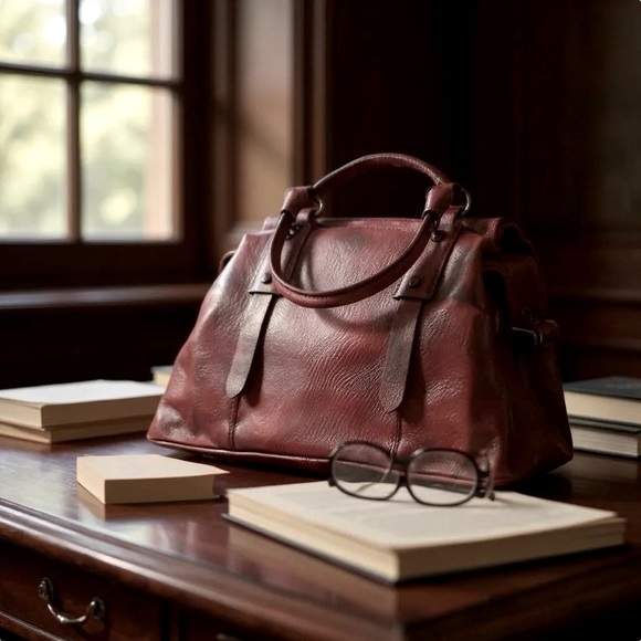 Mahogany LEATHER doctor bag/handbag. Versatile styling w/scarf shoulder strap. - Picture 10 of 13